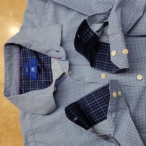 EGARA Slim Fit Non-Iron Blue & white micro check Long-sleeved Button-down Shirt, - Picture 6 of 11